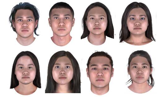 삼국시대 가야 고분에서 나온 8명의 유골 유전체를 분석해 인공지능으로 복원한 몽타주. 6명은 유전적으로 한국 현대인과 매우 가까운 것으로 분석된 반면 2명(윗줄 왼쪽에서 두번째 남성과 맨 오른쪽 여성 몽타주)은 상대적으로 일본 현대인과 가까운 것으로 나타났다. 울산과학기술원(유니스트) 제공