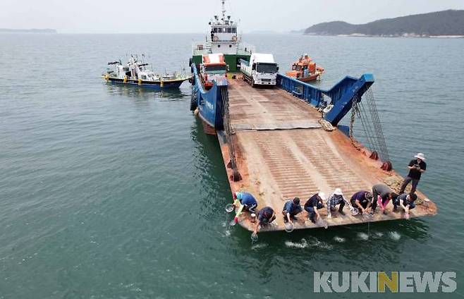 보령시 관계자들이 22일 오천면 원산도 및 삽시도 해상에서 꽃게 종자를 방류하고 있다.