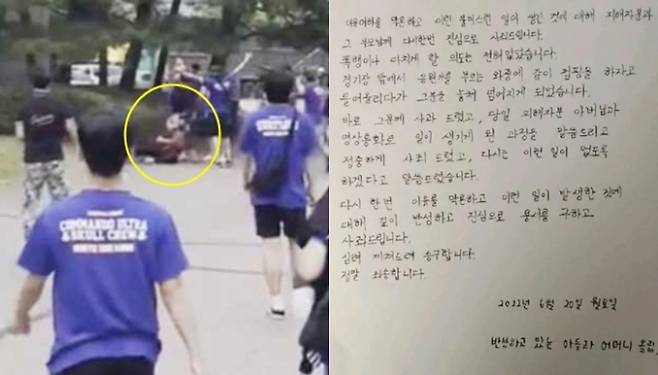 프로축구 K리그1 수원 삼성 팬들의 라이벌 FC서울 팬을 집단 폭행한 사건에 대해 피해자 측이 입을 열었다. 사진은 피해 장면의 모습과 가해자와 그 어머니가 올린 사과문. /사진=온라인 커뮤니티 갈무리