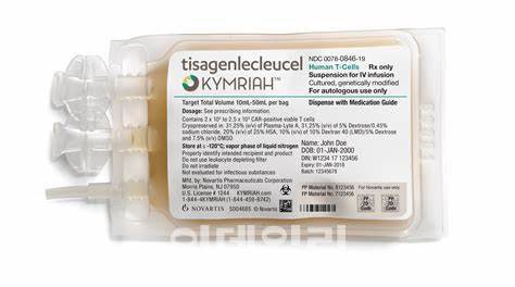 스위스 노바티스의 키메릭항원수용체(CAR)-T ‘킴리아’(티사젠렉류셀). 최근 킴리아가 가진 백혈병 관련 적응증 관련 장기 생존율이 기존 10%에서 55%로 크게 높아졌다. (제공=노바티스)