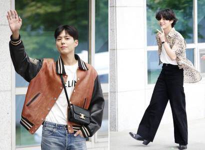 패션쇼 참석차 24일 인천공항을 통해 프랑스 파리로 출국한 배우 박보검(왼쪽)과 방탄소년단(BTS) 뷔. 박보검은 여성용 핸드백, 뷔는 굽 높은 부츠를 착용한 모습이다./뉴스1