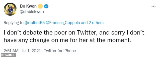 지난해 7월 테라의 지속가능성에 관한 한 경제학자의 트위터 질의에 “나는 가난한 사람과 토론하지 않는다”며 권도형 대표가 보낸 답글. 트위터 캡처