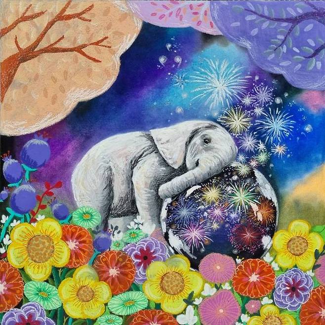 Baby elephant, Mixed media on Paper 80 x 80(cm) 2022.