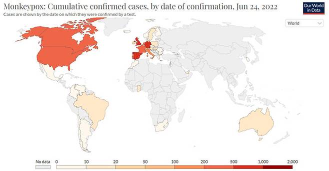 24일 기준 전 세계 원숭이두창 확진자. 아워월드인데이터