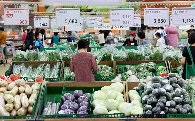 봄철 가뭄과 농지면적 감소 등으로 농산물 가격이 크게 상승하는 가운데 26일 시민들이 서울의 대형 마트에서 장을 보고 있다.  연합뉴스
