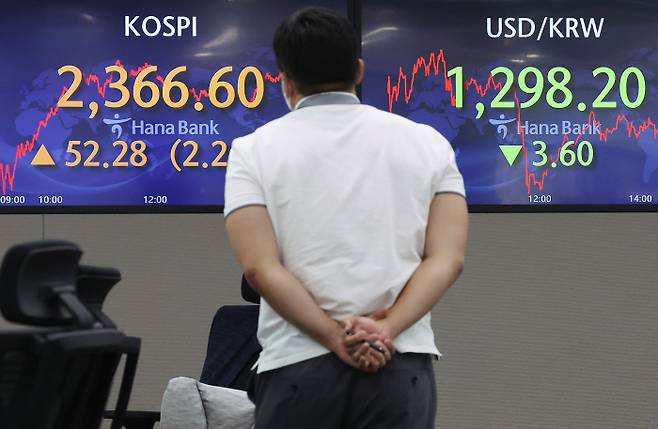 지난 24일 오후 명동 하나은행 본점 딜링룸 전광판에 코스피와 원/달러 환율 종가가 표시돼 있다. [사진 출처 = 연합 뉴스]