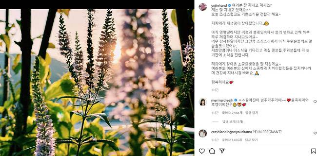 배우 손예진이 27일 SNS를 통해 임신 사실을 공개했다. 사진은 손예진 인스타그램 화면 캡처