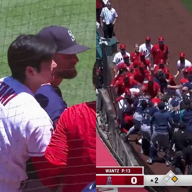 오타니 쇼헤이가 흥분한 시애틀 선수를 말리고 있다(좌), LA 에인절스 덕아웃에서 벤치클리어링이 일어나는 모습. 빌리 웨스트 스포츠 제공