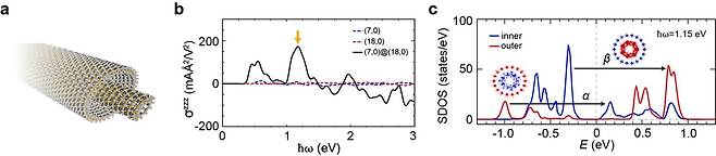 이중층 나노튜브 구조 모식도와 광전류가 증가하는 원인을 분석한 그래프. [울산과학기술원 제공. 재판매 및 DB 금지]