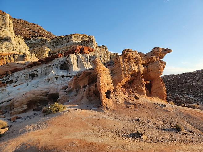 낙타바위라 불리는 붉은 돌출 사암. 역시 바람과 침식이 만든 작품이다.