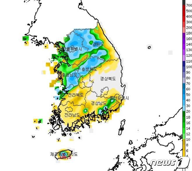 29일 오후 2시50분 기준 전국 일강수량(하루) 분포도 © 뉴스1 황덕현 기잔