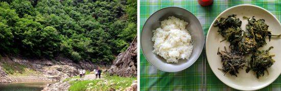 비수구미 트레킹을 즐기는 여행객과 비수구미마을의 별미 산채비빔밥