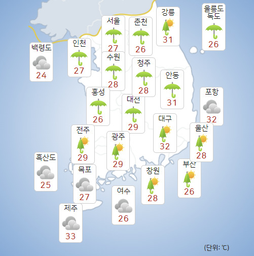 29일 전국이 흐리고 곳곳에 강한 비가 내릴 전망이다. [사진=기상청 ]