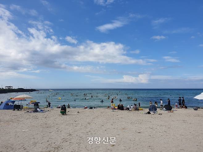 2020년 함덕해수욕장에서 물놀이를 하는 피서객들.