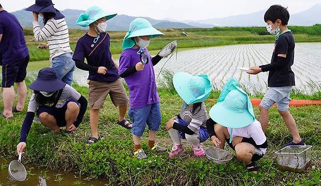 ‘친환경 텃논밭 지원사업’ 대상학교로 최종 선정된 7개교 가운데 하나인 전남 영암 학산초등학교에서 선생님과 아이들이 체험학습을 하고 있다.