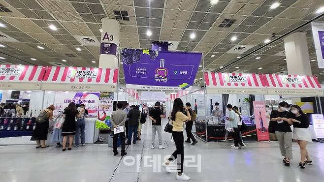30일 서울 강남구 코엑스(COEX)에서 열린 ‘2022 서울국제주류&와인박람회’ 행사장에 위치한 충북 영동군 와이너리 연합 ‘영동와인’ 홍보부스 모습.(사진=김범준 기자)