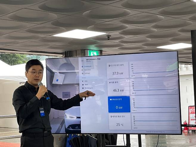 김부기 스탠다드에너지 대표가 30일 서울 강남구 롯데하이마트 압구정점에서 열린 VIB ESS 연계 전기차 충전소 Charger 5 오픈 행사에서 전력관리시스템(PMS)을 설명하고 있다.
