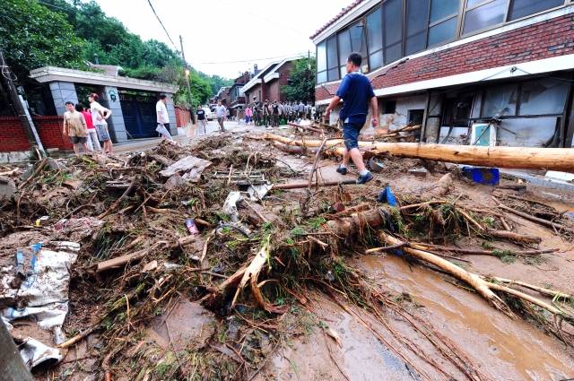 서울 서초구 방배동의 한 주택가가 2011년 7월 27일 우면산에서 집중 호우로 흘러내린 토사와 나무에 뒤덮여 있다. 뉴시스