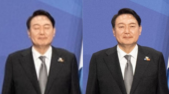 변경전 눈을 감고 있는 윤석열 대통령(왼쪽), 변경 후 눈을 뜨고 있는 윤석열 대통령(오른쪽). 나토 공식 홈페이지