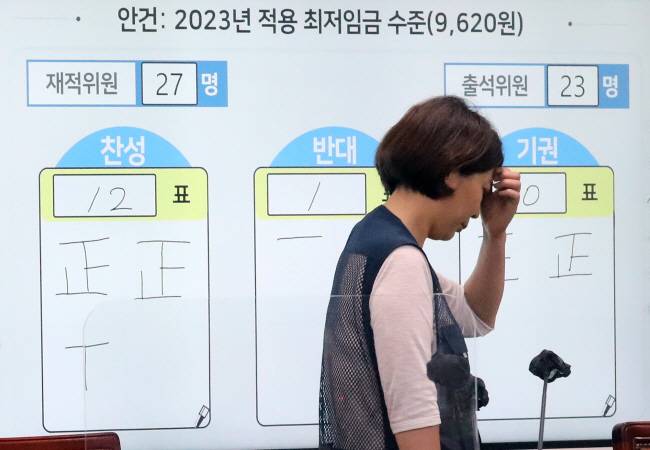 29일 정부세종청사 최저임금위원회 전원회의장에서 한 참석자가 내년도 최저임금(9620원) 표결 결과가 적힌 게시판 앞을 이마를 만지며 지나가고 있다. 뉴시스