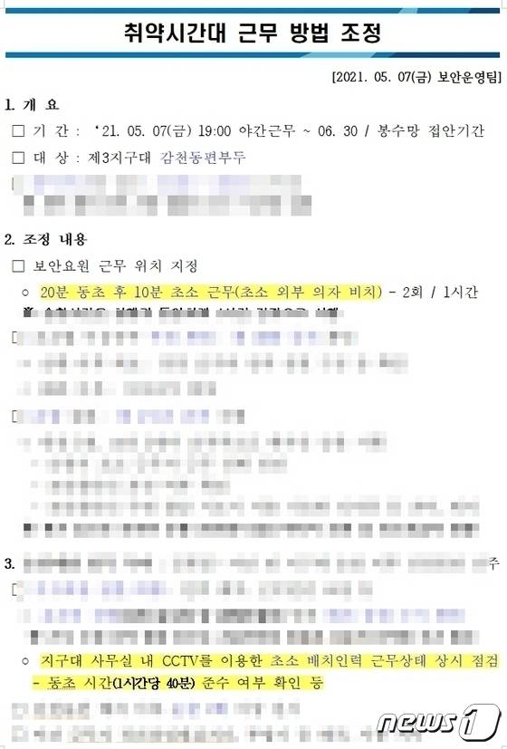 지난해 5월 사측이 근로자에게 전달한 '취약시간대 근무방법 조정안'(부산항보안공사 근로자 제공)© 뉴스1