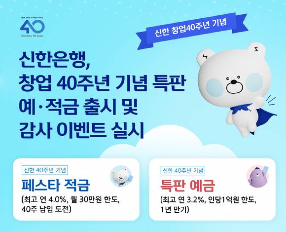 신한은행이 창업 40주년을 맞아 특판 상품을 내놓으며 관련 감사 이벤트를 진행한다. [사진=신한은행]