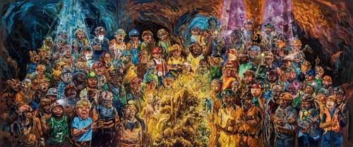 배윤환 '광부들과 황금 분수대 Rumble & Crumble', acrylic, acrylic spray on canvas, 162x390cm [갤러리바톤 제공. 재판매 및 DB 금지]