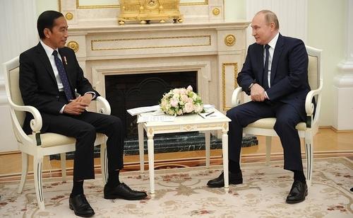 지난달 30일 크렘린궁에서 회담하는 푸틴 대통령(오른쪽)과 조코위 대통령 (크렘린궁 배포 사진. 재판매 및 DB 금지)
