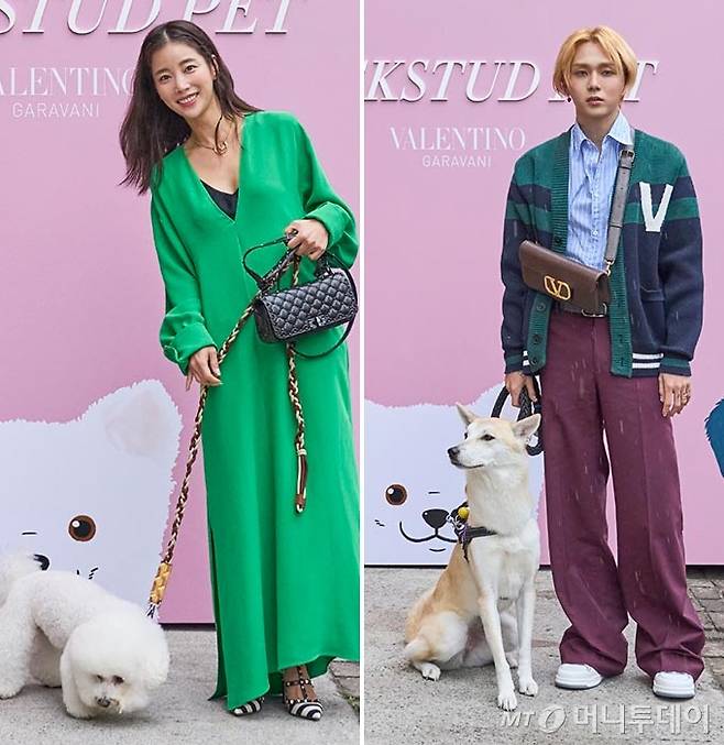 배우 기은세와 반려견 구름이, 가수 던과 반려견 햇살이./사진제공=발렌티노(Valentino)