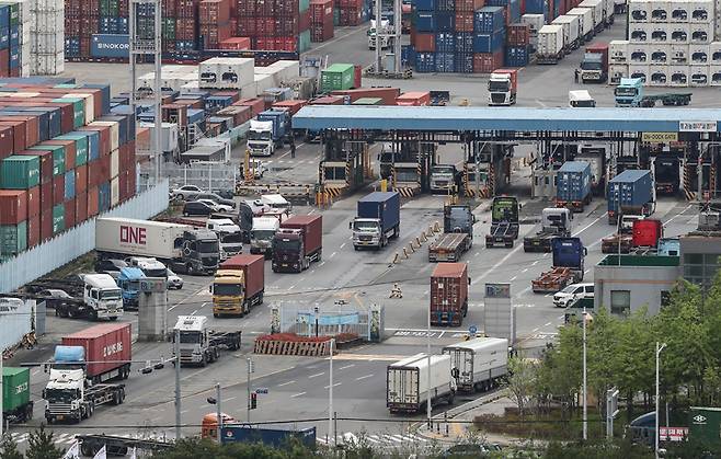 화물연대가 정부와의 협상 타결 후 업무에 복귀한 6월15일 오전 부산 신선대부두 앞 도로에는 컨테이너를 실은 화물차들로 분주한 모습을 보이고 있다.ⓒ연합뉴스