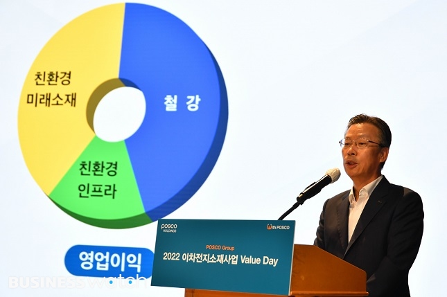 전중선 포스코홀딩스 경영전략팀장(사장)이 5일 열린 이차전지소재사업 밸류데이에서 환영사를 하고 있다. /사진=포스코그룹 제공