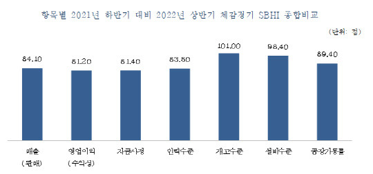 항목별 2021년 하반기 대비 2022년 상반기 체감경기 SBHI 종합비교<자료:중소기업중앙회>