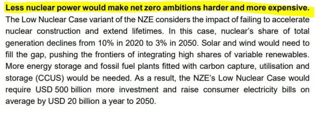 원전 활용을 줄이는 것은 2050 넷제로(NZE) 달성을 힘들게 할 것이라는 보고서 내용. IEA 홈페이지에 공개된 'Nuclear Power and Secure Energy Transitions' 보고서 중 일부
