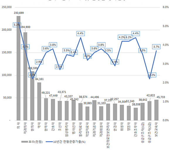 보건의료인력 보수 및 연평균 증가현황 [표=보건복지부]