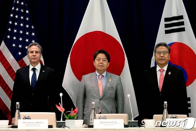 토니 블링컨 미국 국무부 장관, 하야시 요시마사 일본 외무상, 박진 외교부 장관.© AFP=뉴스1