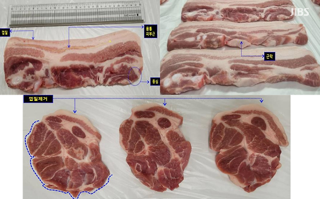 충남지역 생산 일반 국내산 냉장 삼겹살(위)과 냉장 목살(아래)