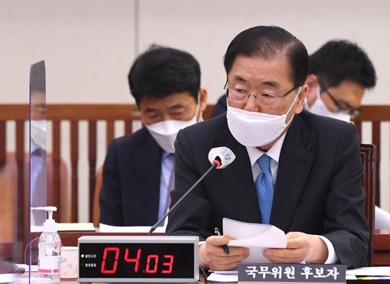 정의용 전 외교부 장관이 지난해 2월 국회 외교통일위원회 인사청문회에서 답변하는 모습. 연합뉴스