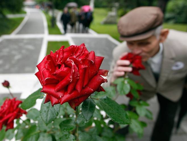 장미꽃 향을 맡고 있는 한 노인. REUTERS