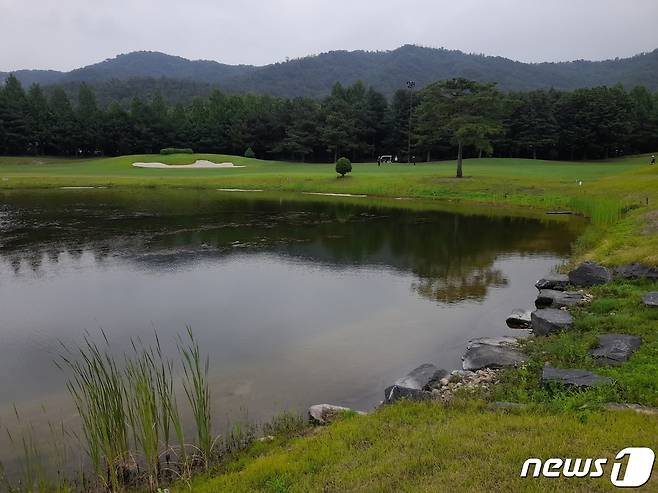 경기 양주시 만송동 레이크우드 컨트리클럽(CC) 내부 밀폐공간서 작업하던 중 쓰러져 2주 동안 사경을 헤맨 끝에 지난 10일 숨진 김모씨(53)의 휴대전화 속에 찍힌 골프장 내 연못의 모습. (김씨 가족 제공) © 뉴스1