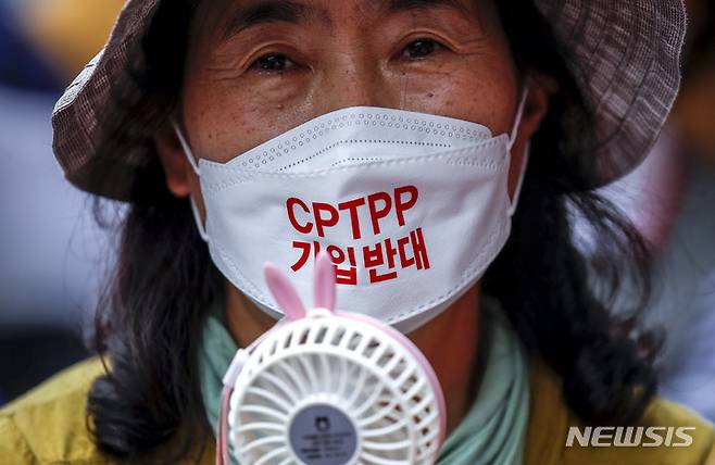 [서울=뉴시스] 정병혁 기자 = 12일 오후 서울 용산구 서울역 인근에서 열린 농어업홀대 윤석열 정부 규탄, 농어민생존권 쟁취, CPTPP가입 저지 7.12범국민 대회에서 한 참석자가 휴대용 선풍기로 더위를 식히고 있다. 2022.07.12. jhope@newsis.com