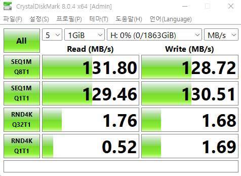 크리스탈디스크마크로 측정한 제품 성능