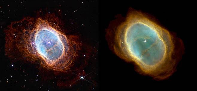 제임스 웹과 허블 우주망원경의 남쪽고리성운(Southern Ring Nebula, NGC 3132) 비교 이미지. 왼쪽이 이번에 공개된 제임스 웹 관측 이미지. 미국항공우주국 제공