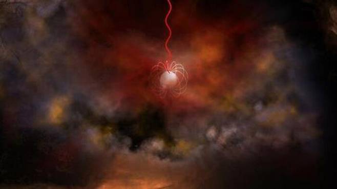 초강력 자기장을 가진 중성자별인 '마그네타'가 전파 (붉은선)을 방출하는 상상도 (사진=Bill Saxton, NRAO/AUI/NSF 제공, 연합뉴스)