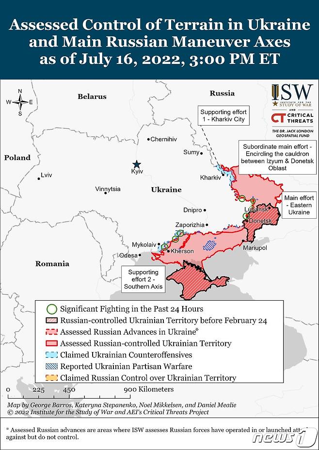 16일(현지시간) 기준 우크라이나를 침공한 러시아 점령 상황. © 뉴스1 (미 싱크탱크 전쟁연구소, ISW)
