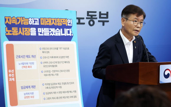 이정식 고용노동부 장관이 지난달 23일 주52시간제 개선과 임금체계 개편 방향을 발표하고 있다. 연합뉴스