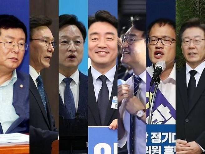 더불어민주당 8·28 전당대회 당 대표 후보인 설훈·김민석·강병원·강훈식·박용진·박주민·이재명 의원(선수순, 동일 선수시 가나다순). 이외에 이동학 전 최고위원도 당 대표 후보로 등록했다. ⓒ데일리안