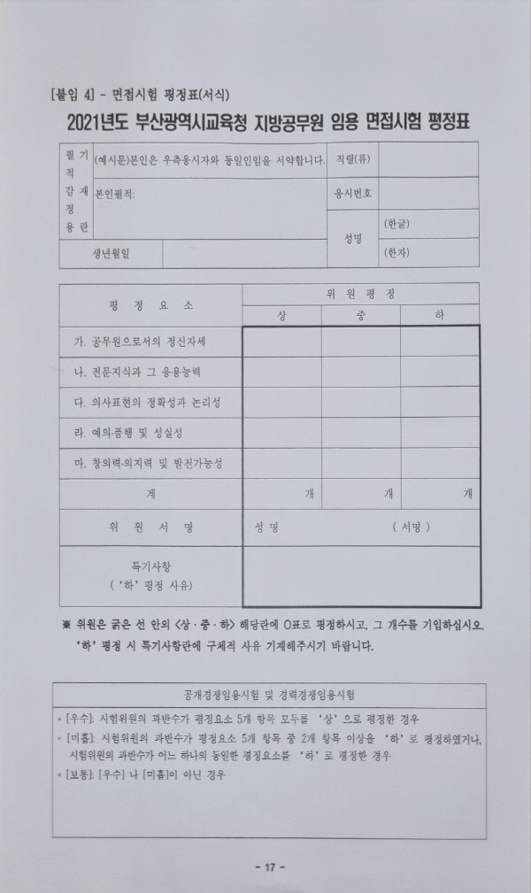 부산시교육청의 2021학년도 지방공무원 임용시험 면접시험 평정표 서식. 조민희 기자