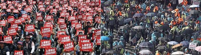 20일 오후 경남 거제시 아주동 대우조선해양 정문 인근에서 열린 금속노조 총파업 결의대회에서 참석자가 구호를 외치고 있다(왼쪽 사진). 오른쪽 사진은 비슷한 시간대 대우조선해양 원청 노조와 협력업체 대표 등이 조선소 내에서 맞불 집회하는 모습.   연합뉴스