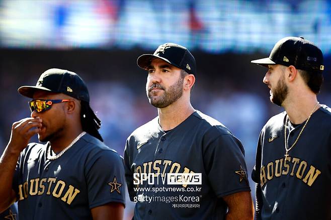 ▲ 휴스턴 소속 아메리칸리그 올스타 프람버 발데스와 저스틴 벌랜더, 카일 터커(왼쪽부터).