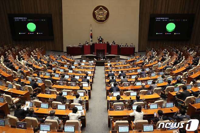 22일 오후 서울 여의도 국회에서 열린 제398회 국회(임시회) 제4차 본회의에서 연금개혁 특별위원회 구성의 건이 가결되고 있다. 2022.7.22/뉴스1 © News1 이재명 기자